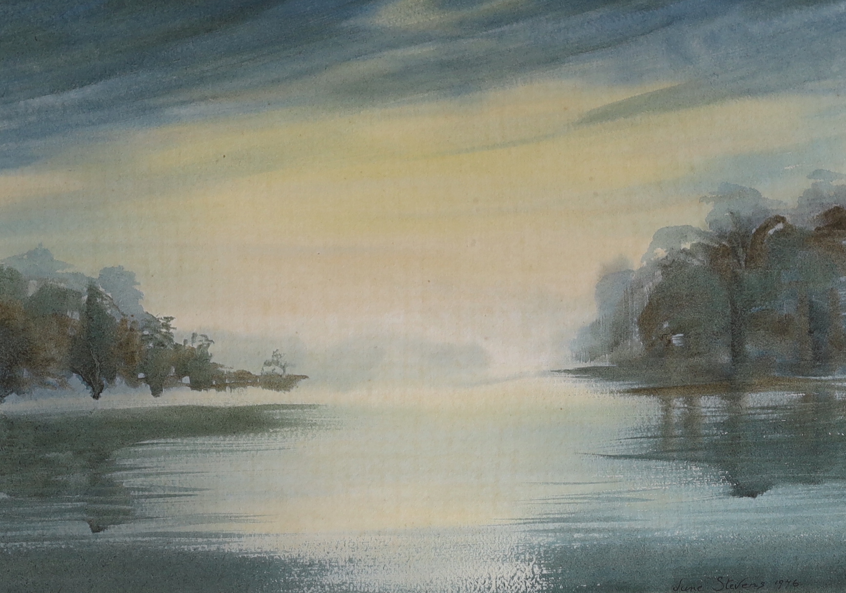 Jane Stevens (20th. C) watercolour, 'Misty morning, from a memory of a Shropshire Mere', signed and dated 1976, label verso, 36 x 26cm